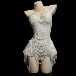 Nightclub Singer Dancer Performance Stage Wear Jazz White Beaded Pearls Tassel Women Party Bodysuits Sleeveless Mesh Jumpsuits