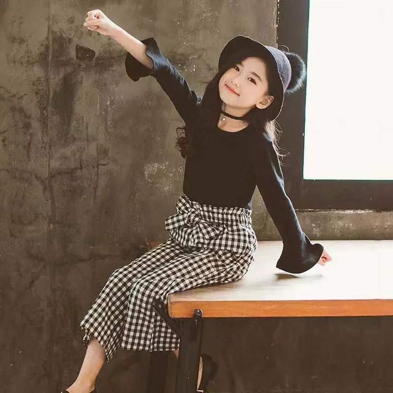 Kids Girls Clothing Sets 2024 Autumn Long Sleeve T-shirts + Plaid Wide Leg Pants 2PCS Children\'s Clothes Teen 6 8 10 12 14 Years