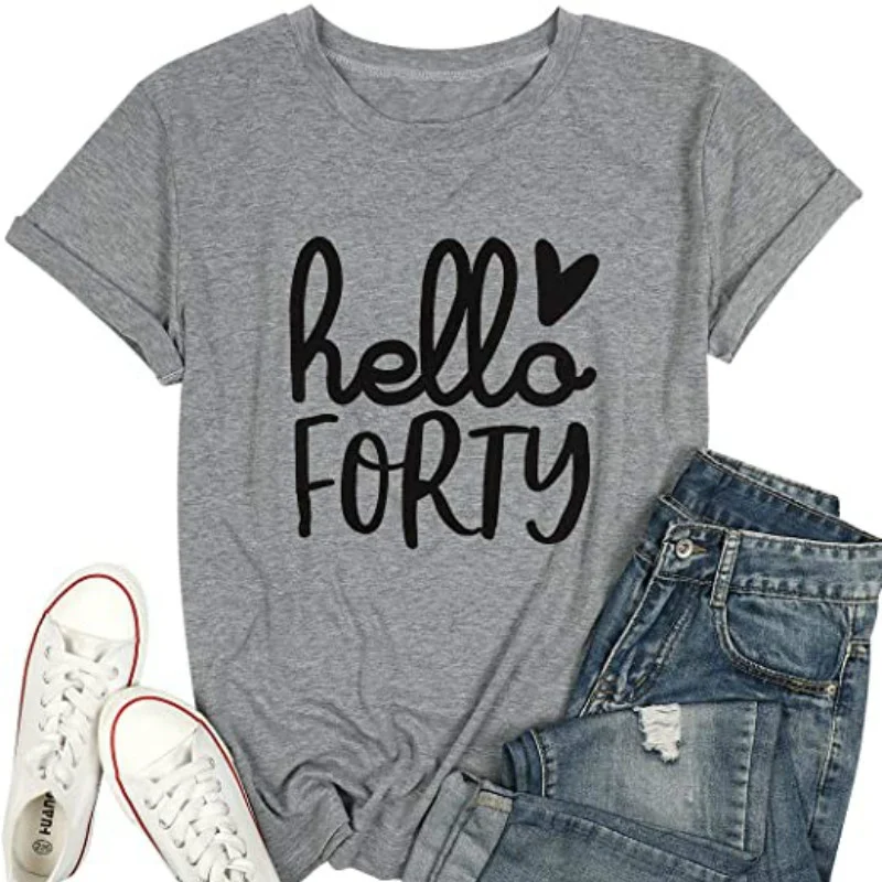 Hello Forty T-Shirt für Damen, zum 40. Geburtstag, mit süßem Aufdruck, kurzärmelig, Grafik-T-Shirt, Oberteile für Damen, 40 Jahre alt, Kleidung, Mama-Geschenke