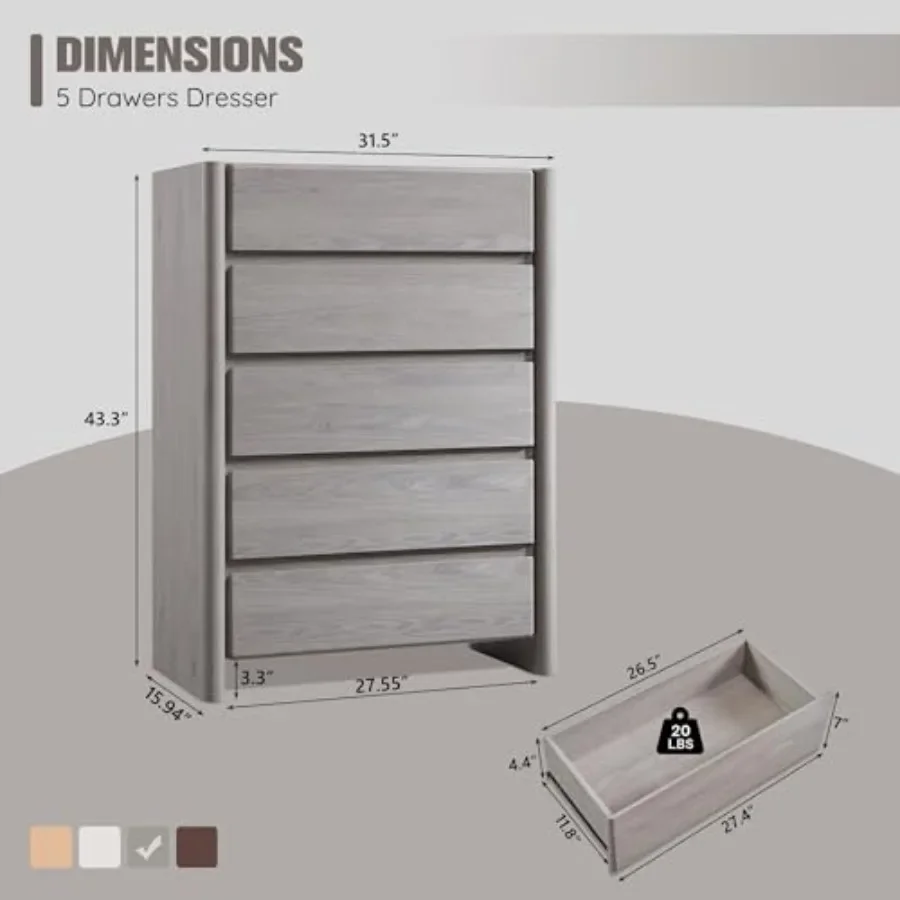 Modern 5-drawer bedroom dresser in engineered wood, matte white finish, spacious storage with smooth-gliding drawers and soft-c