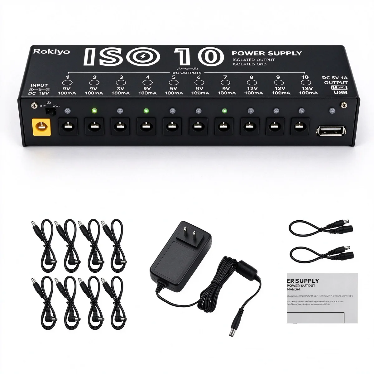 Rokiyo ISO-10 Guitar Pedal Power Supply 10 Isolated DC Outputs & USB Port Isolated Power Source for 9V/12V/18V Protection