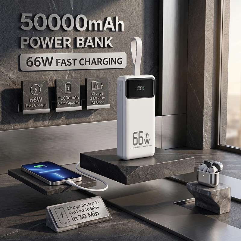 50000mAh Hochleistungs-Powerbank, 66W Schnellladungs-Akkupack, Multi-Port-Ladefunktion für 4 Geräte, Eingebaute LED-Taschenlampe, Lanyard-Design, Tragbares Ladegerät für iOS & Android, Notstromquelle