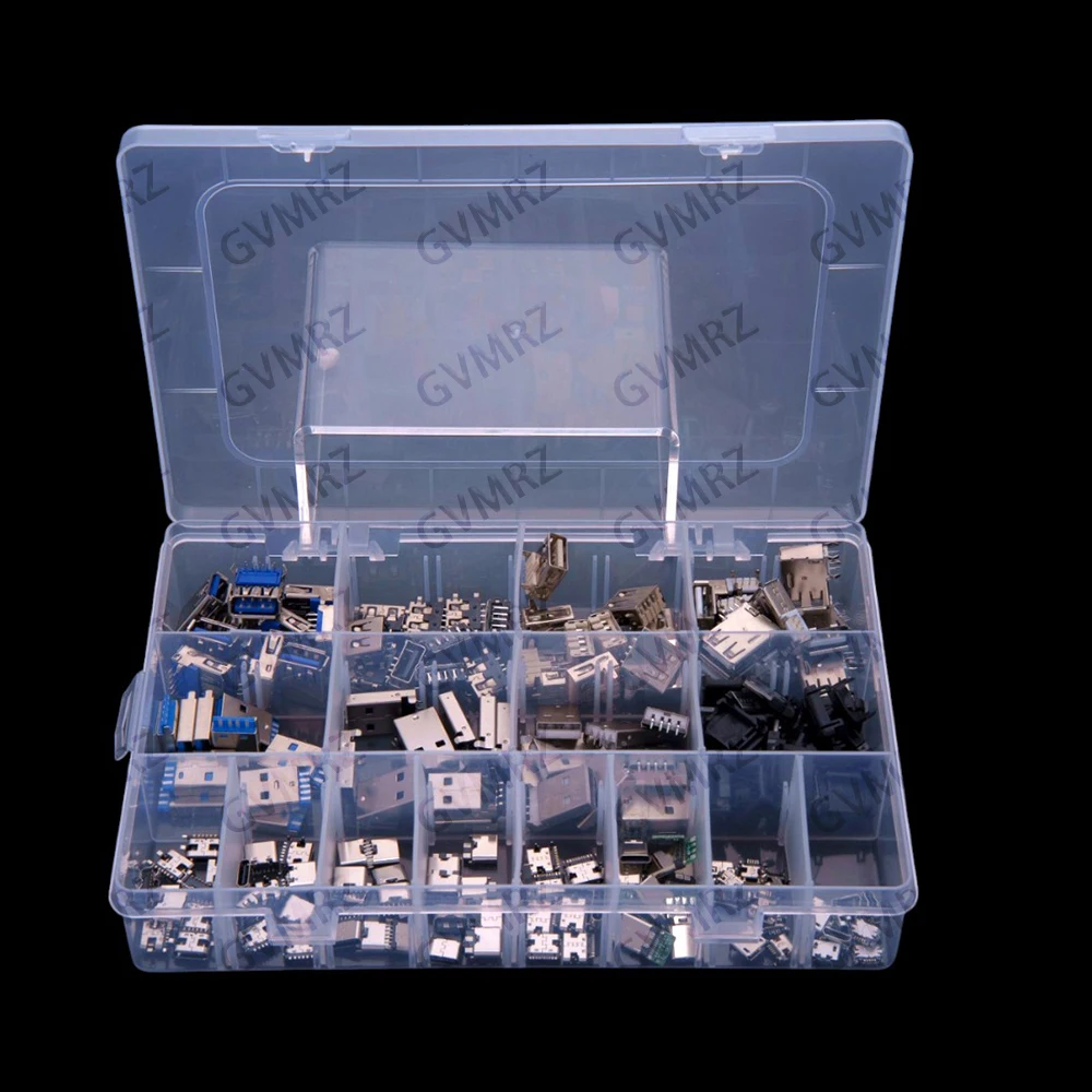 16Values ​​180PCS 2.0 Female Mini Connector Recessed Board MICRO Connector Kit Type A/Type C 3.0 Male USB Female Component