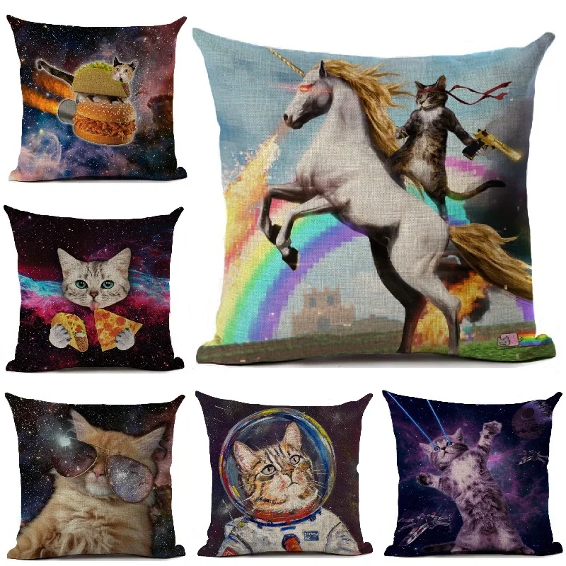 

Funny Cat Pillow Cover Kitten Unicorn Linen Cushion Cover Living Room Sofa Throw Pillows Decorative Pillowcase 45*45cm