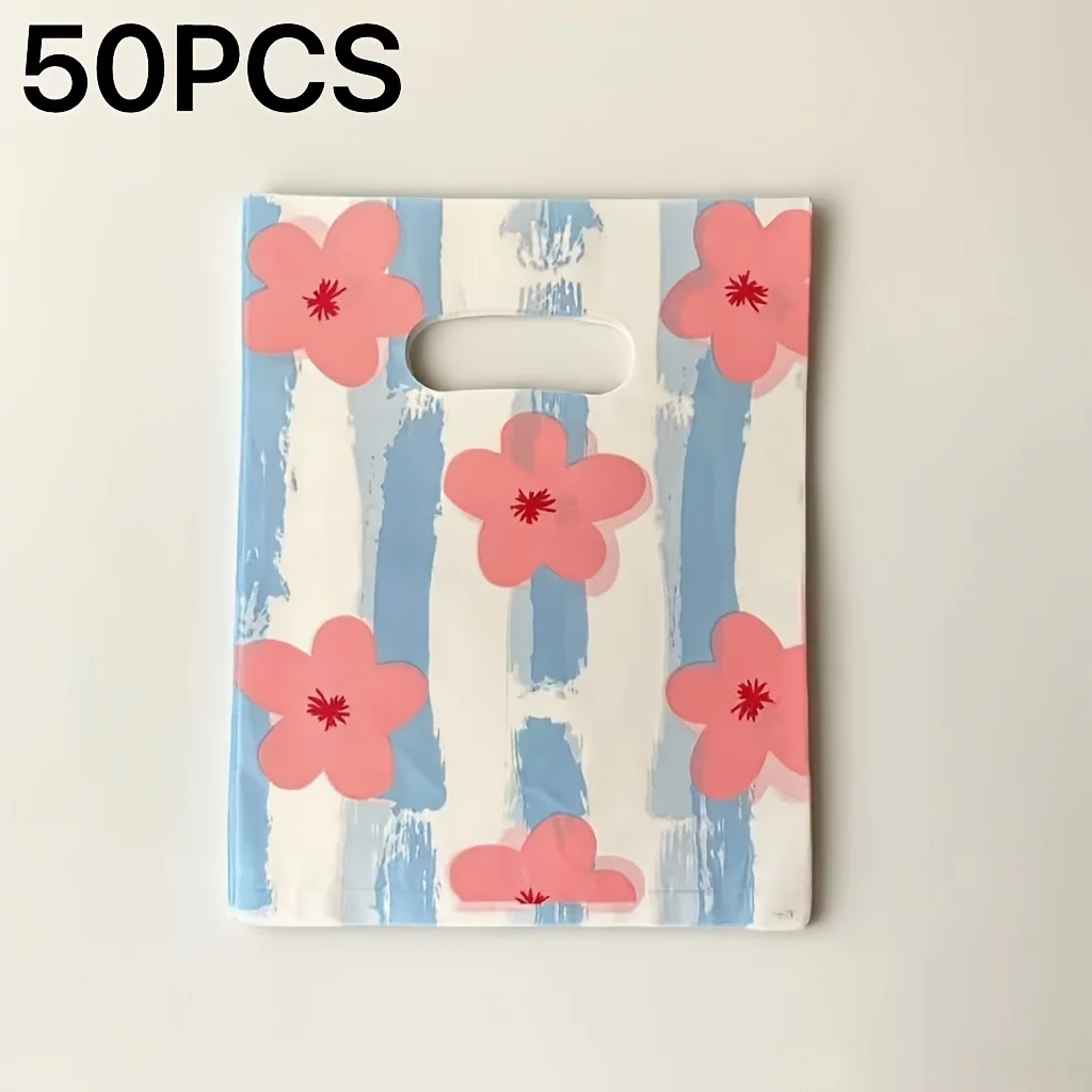 50pcs  High Aesthetic Printed Shopping Bags, Gift Wrapping Daily Shopping Handbag Storage Bag
