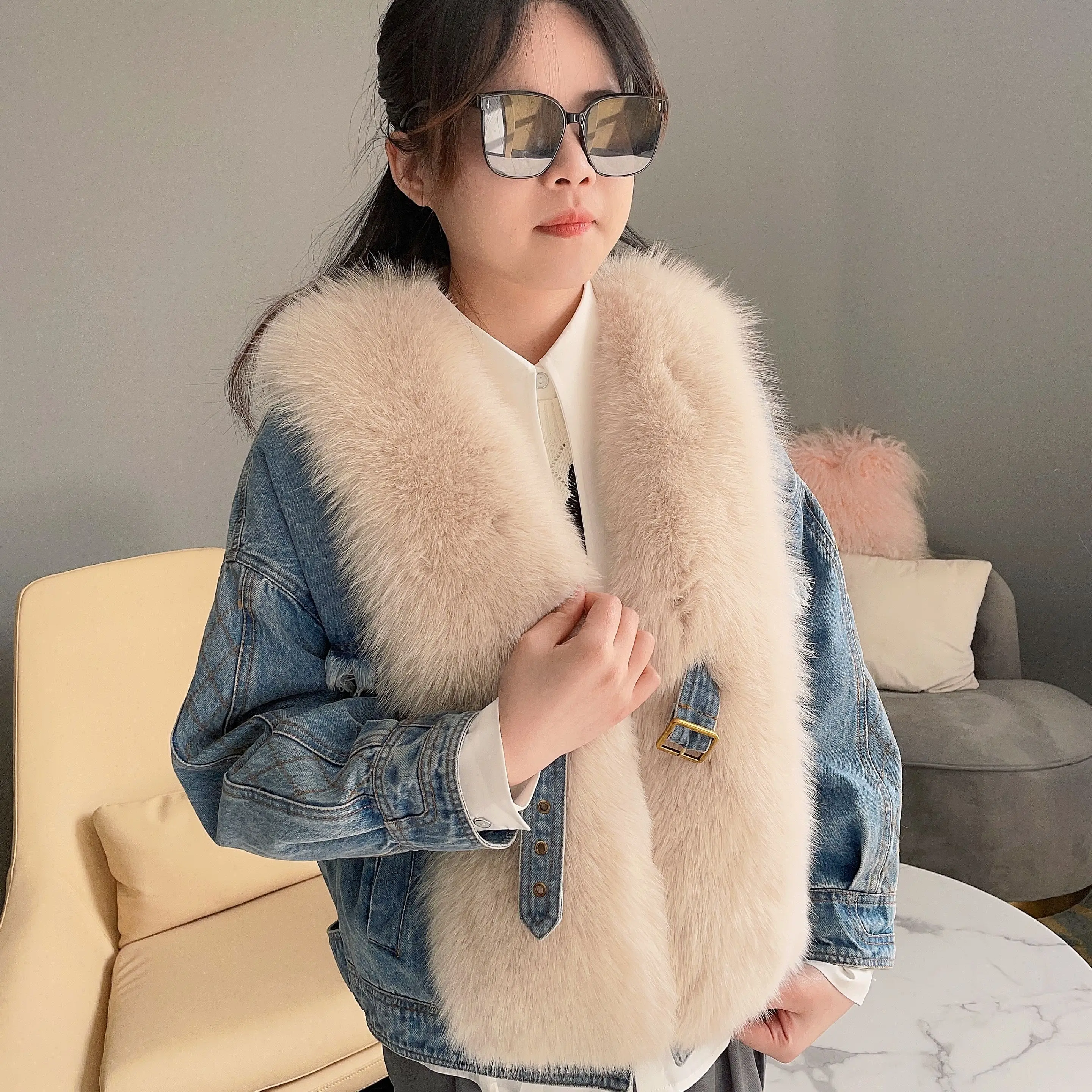 

Fashion Autumn Winter Real Fox Fur Collar Down Coat Women Thick Warm Coat