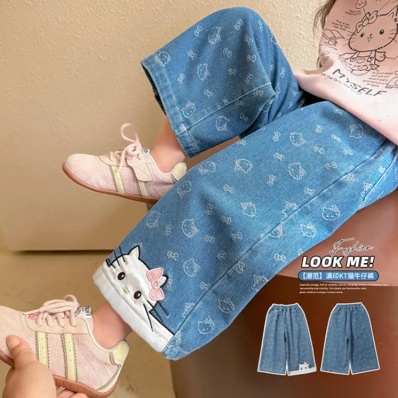 مرحبا كيتي الفتيات الجينز الخريف جديد المألوف Kawaii الكرتون المطرزة السراويل الأطفال الحلو لينة مستقيم الساق السراويل