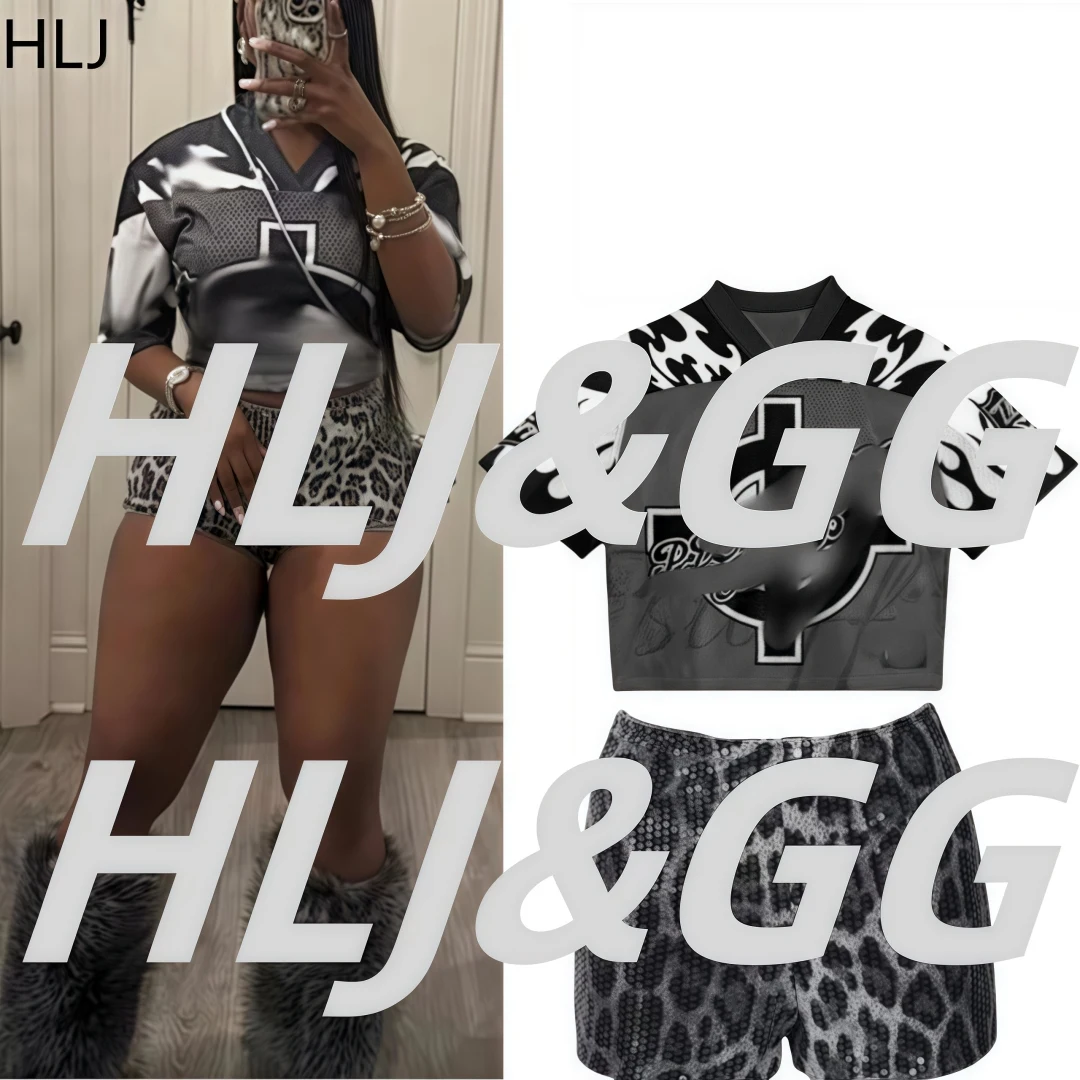 HLJ printemps paillettes léopard Shorts deux pièces ensembles femmes col en V à manches courtes lâche basket-ball t-shirts et Shorts tenue Streetwear