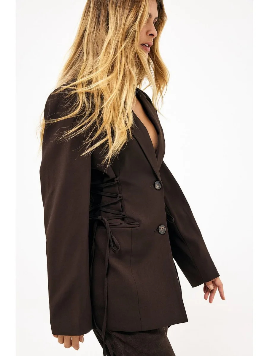 DFDG Women 2026 Spring Autumn Oversized Blazer Lapel Double Button Side Lace Up Drawstring Waist Pocket Loose Casual Jacket