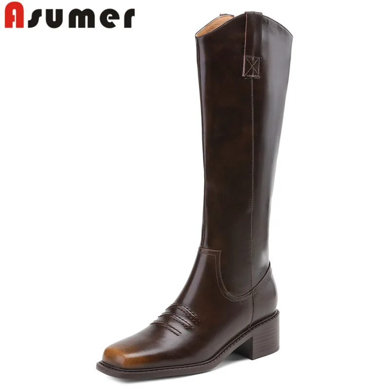 

ASUMER 2024 Size 34-40 New Genuine Leather Square Toe Knee High Boots Retro Ladies Slip On Winter Boots Square Med Heels Boots