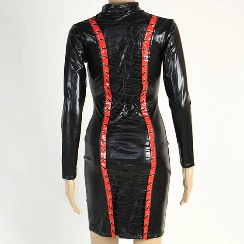 Long Sleeve High Neckband Zip Back Lace Up Stretch Faux Leather Dress Women Black Bandage Bodycon PU Dresses Club Party Costume