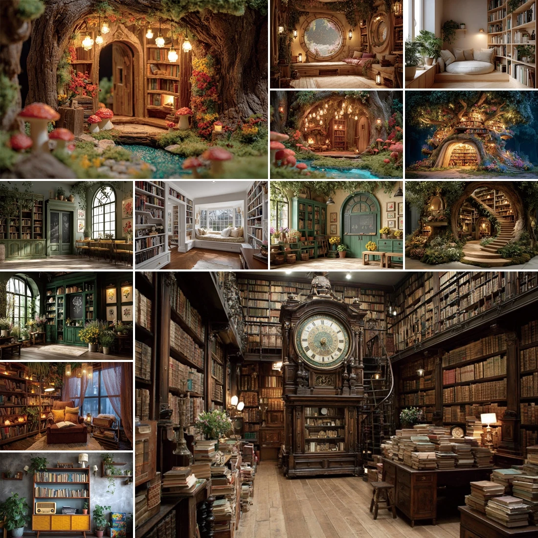 

MOON.QG Tree Hollow Library Backgrounds For Photographs Mushrooms Stream Bookshelves Clock Backdrop Child Photozone Accessories