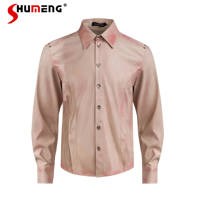 

Men's Niche Retro Long-sleeve Faux Leather Shirts Men's 2025 Autumn New Slim-fit Shirt Trendy Male Lapel Slimming Handsome Tops