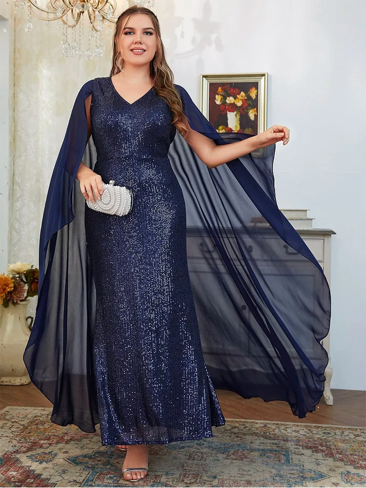 

S-7xl V-Neck Chiffon Navy Blue Shawl Sequin Evening Dress Big Size Elegant Ladies Wedding Bridesmaid Evening Dress For Women