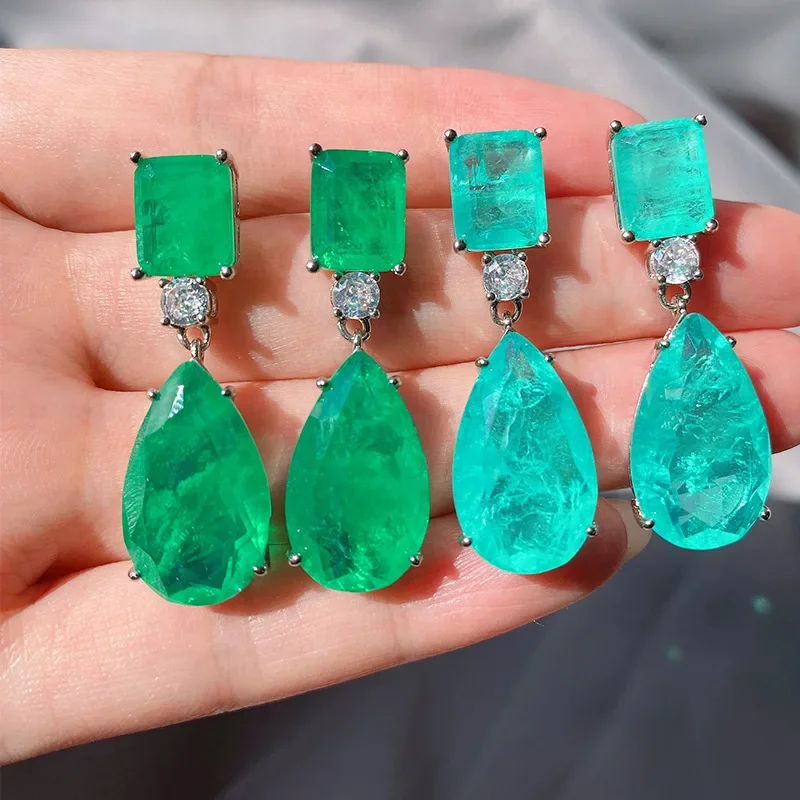 

2024 New Luxurious Paraiba High Carbon Diamond Tourmaline Emerald Gemstone Big Drop Earrings Women Wedding Party Jewelry Gift