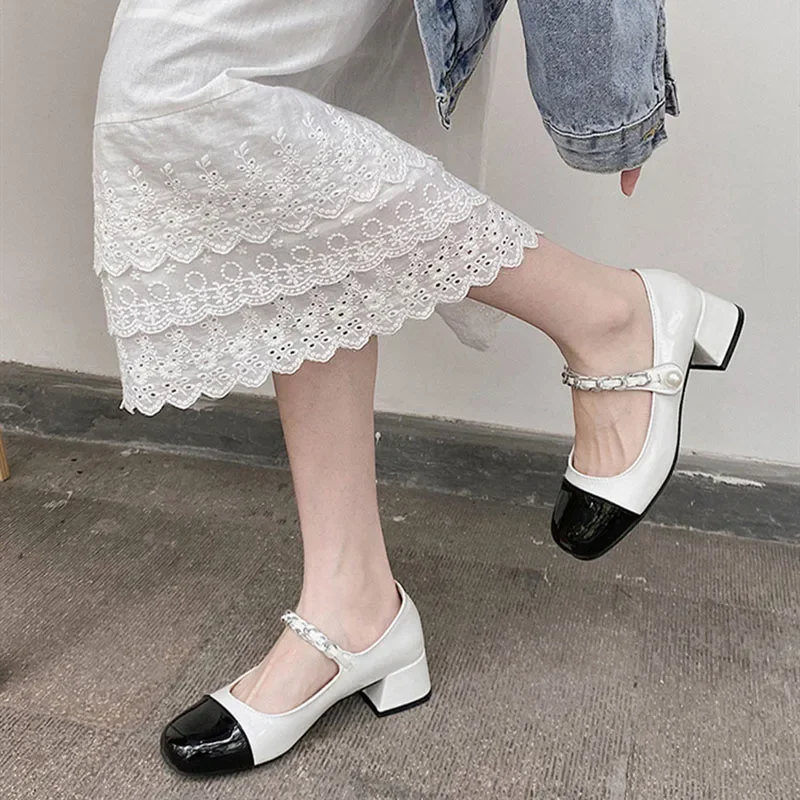 leather patchwork shoes woman metal chains band ballet flats mixed color patent leather