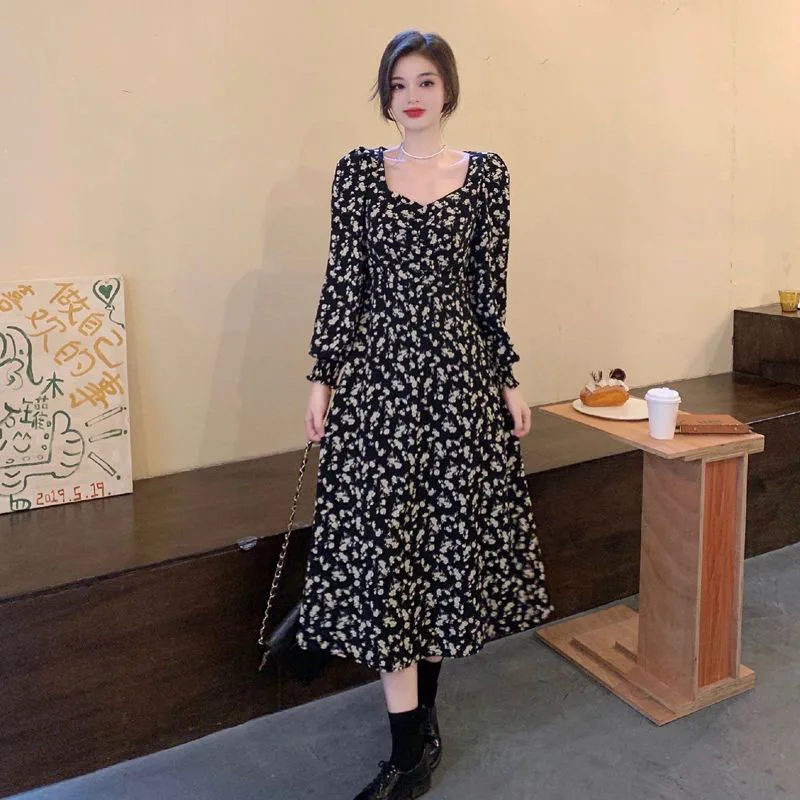 Long Sleeve Dress Women Elegant Floral Backless Skirt Vintage Sexy Chiffon Autumn French Long Dress Female Vestidos