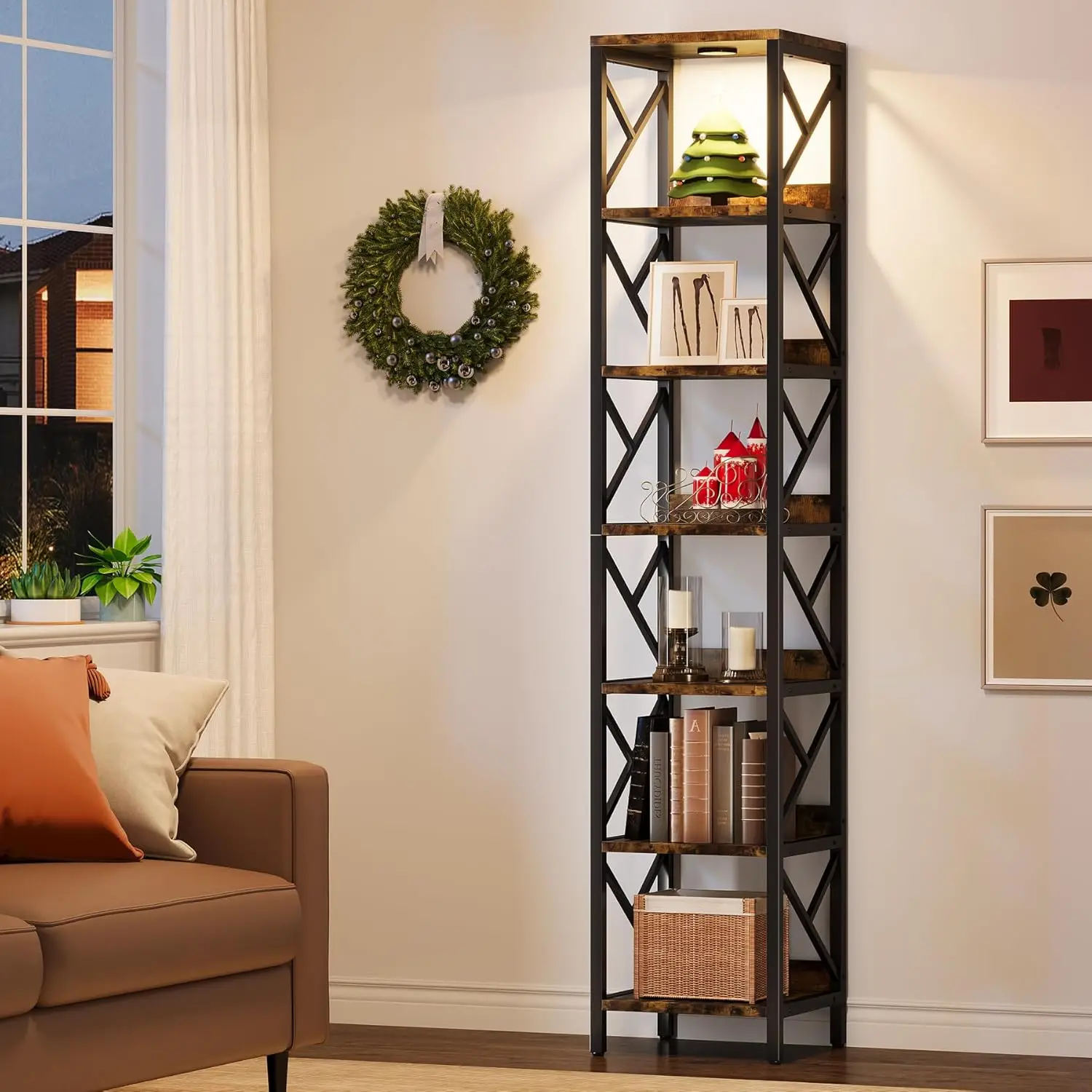 78.7 H Extra Tall Narrow Bookshelf With Led Light, 7 Tier Skinny Bookcase For Small Space, Freestanding Display Corner Shelf,