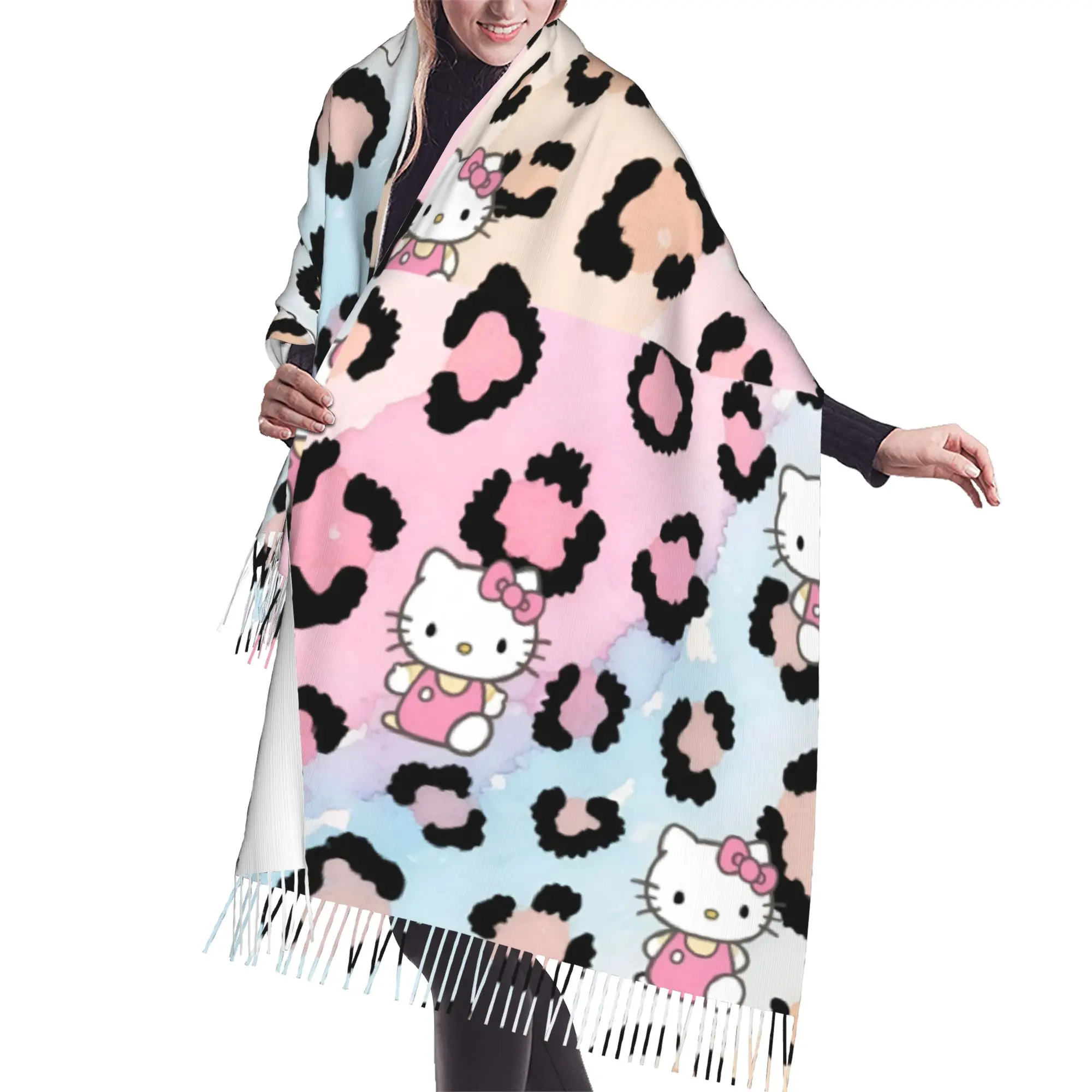 Custom Kitten Cat Cartoon Scarf Wrap Women Long Winter Warm Tassel Shawl Unisex Anime Scarves