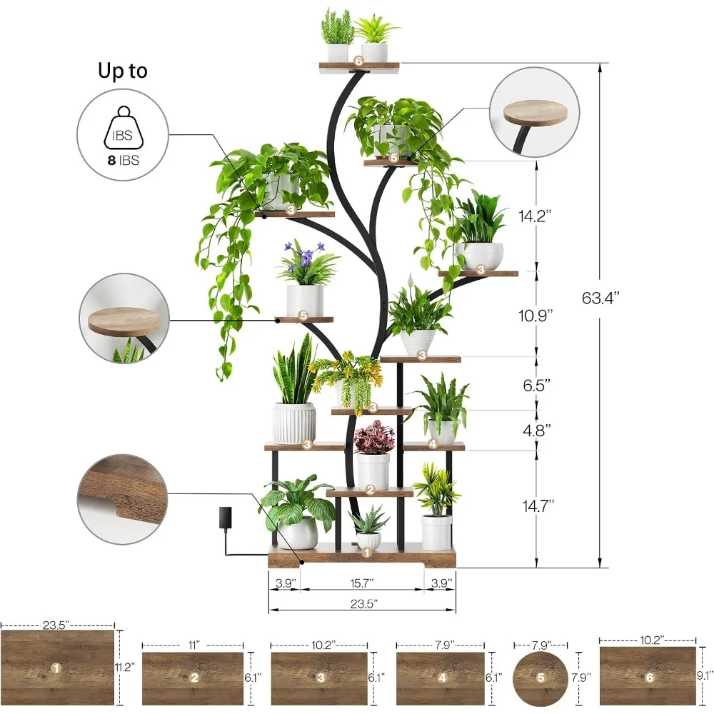 63 Inch 11-Tier Metal Plant Stand with LED Grow Lights, Tall Indoor Plant Shelf & Corner Flower Display Rack for 15-18 P