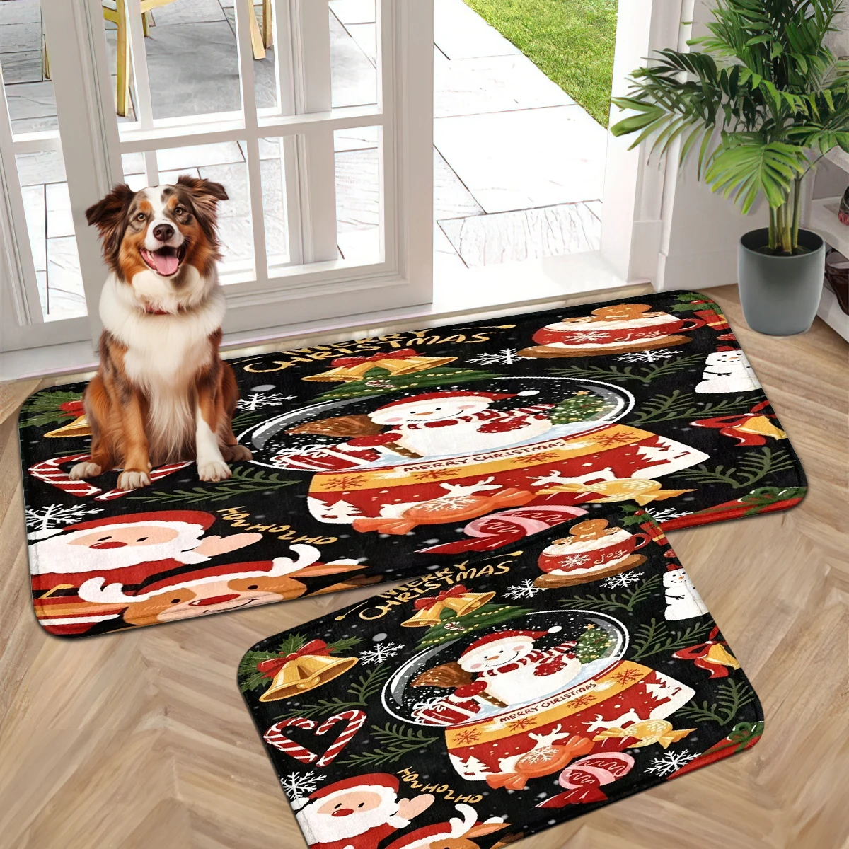 Festive Print Entrance Mat, Long Hallway Runner, Soft Kitchen Mat, Santa Gingerbread Pumpkin Fruit Decor Set