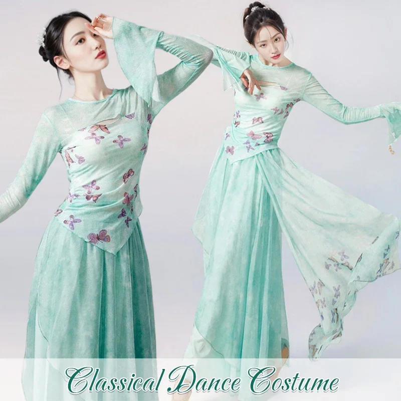 

Classical Dancewear Fairy Saree Set Butterfly Top Daily Practice Clothes Loose Flowing Yarn Performing Costumes Elegant Bottoms