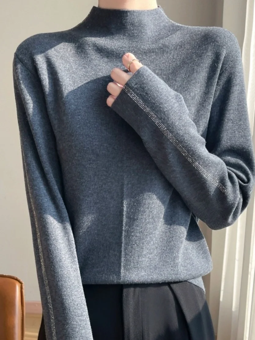 Pull tricoté lourd femme Sle f col haut chaud Faionable avec strass décontracté coupe droite longue Sve