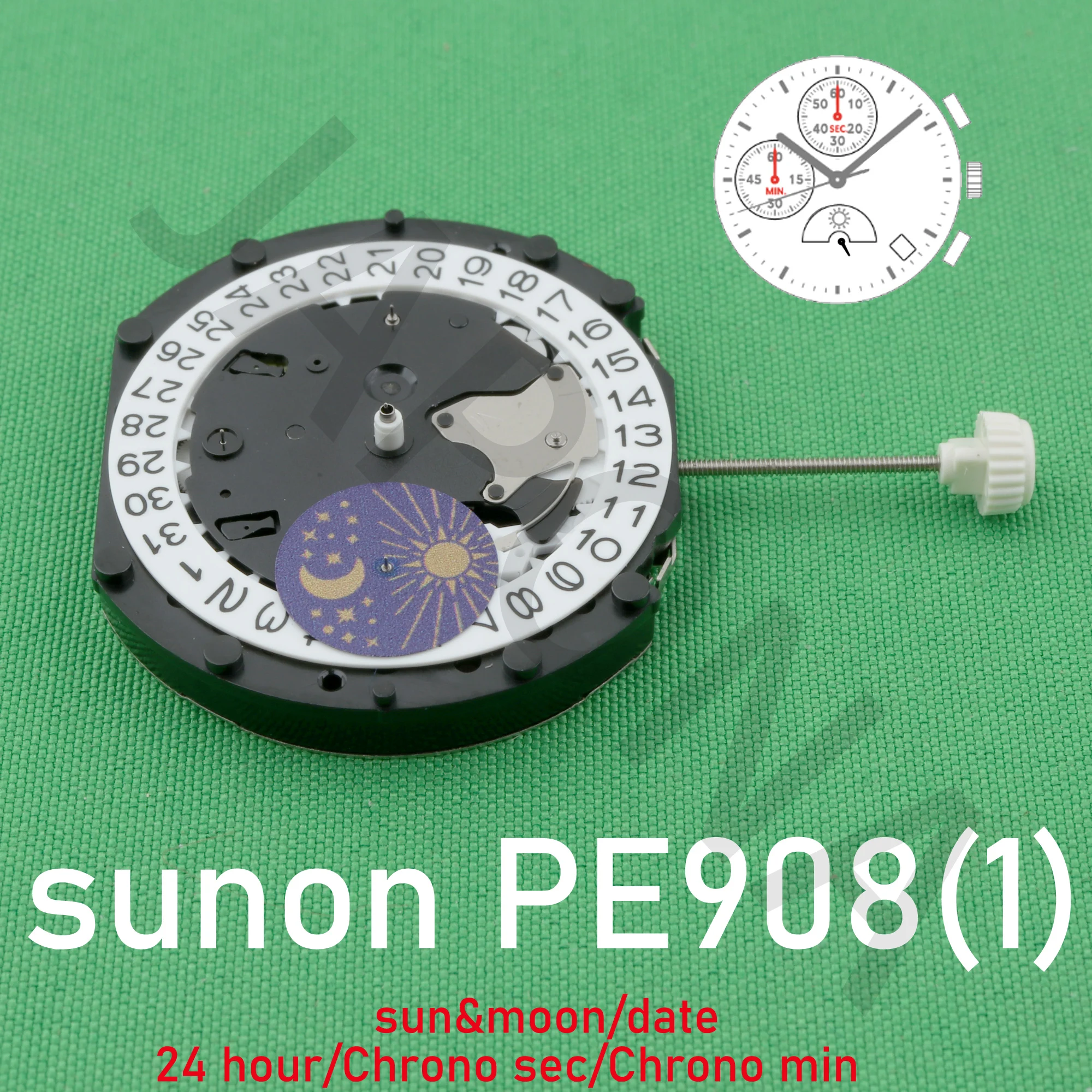 PE908(1) movement sunon PE90 movement watch Ligne Quartz Movement Three Hands with 3Eyes＆Date Small Chrono Sec＆ Min,24Hour PE908