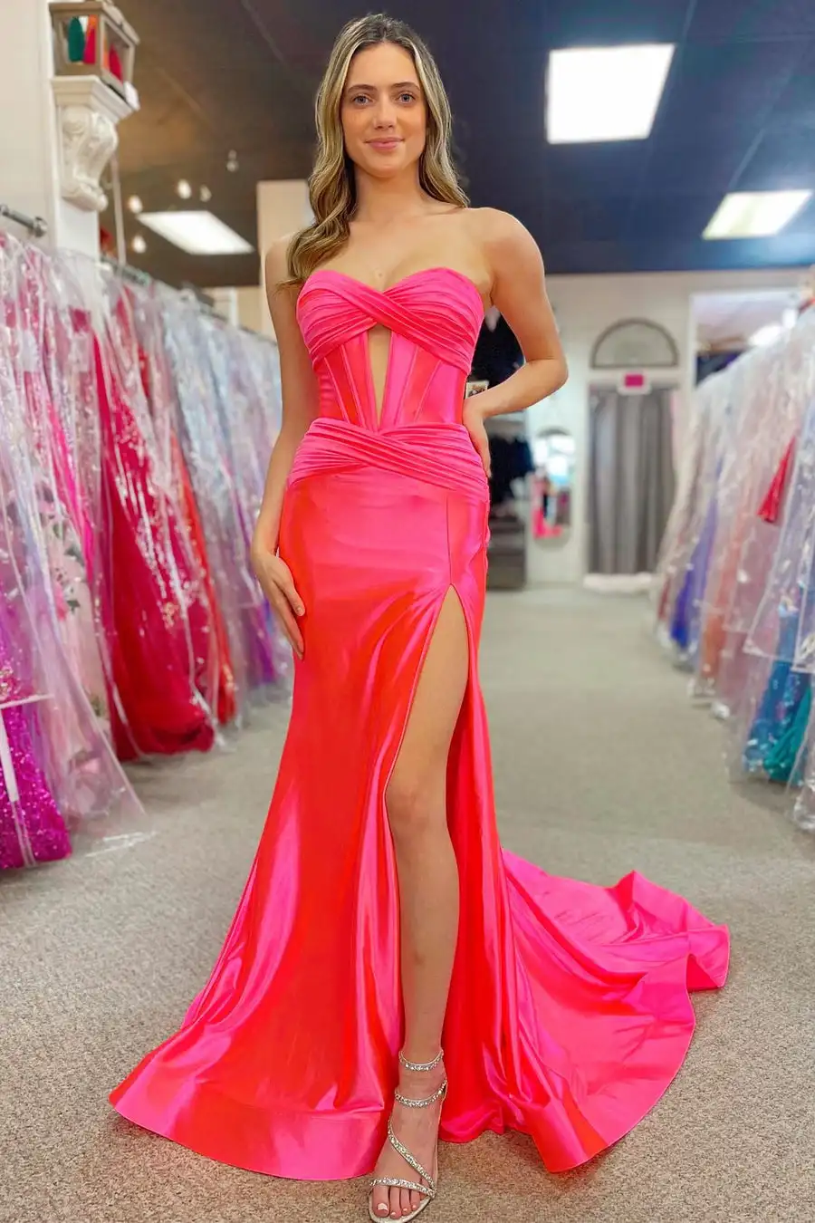 Strapless Keyhole Mermaid Long Satin Prom Dress with Slit Strappy Back Bridesmaid Dresses Long Formal Occasion For Women 2024