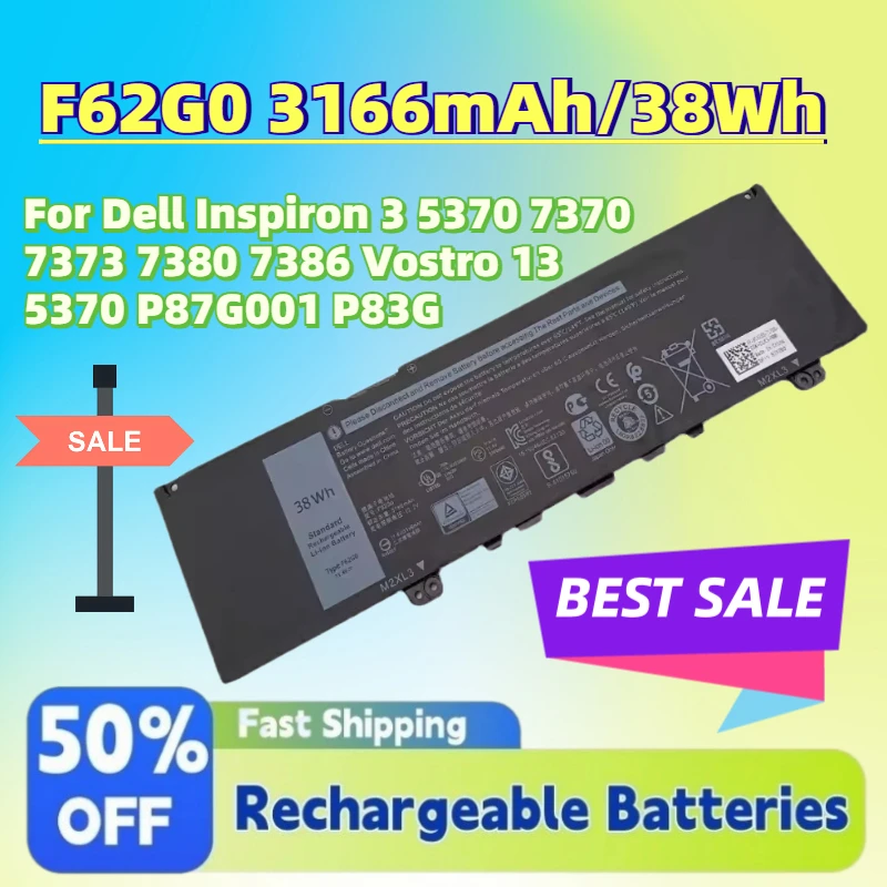 High-Quality F62G0 3166mAh/38Wh 11.4V Laptop Battery for Dell Inspiron 3 5370 7370 7373 7380 7386 Vostro 13 5370 P87G001 P83G