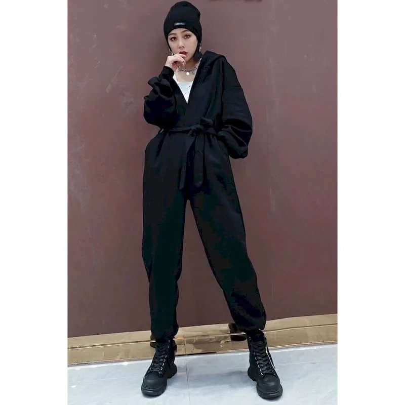 

Oversized Jumpsuits Women Solid Long Sleeve Hooded V-neck Playsuits High Waist New Fashion Tops Casual One Piece Outfit Women
