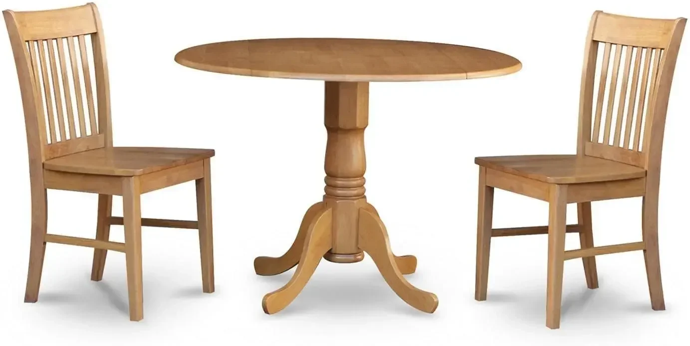 Dublin 3 Piece Modern Set Contains a Round Wooden Table with Dropleaf and 2 Dining Chairs, 42x42 Inch, DLNO3-OAK-W