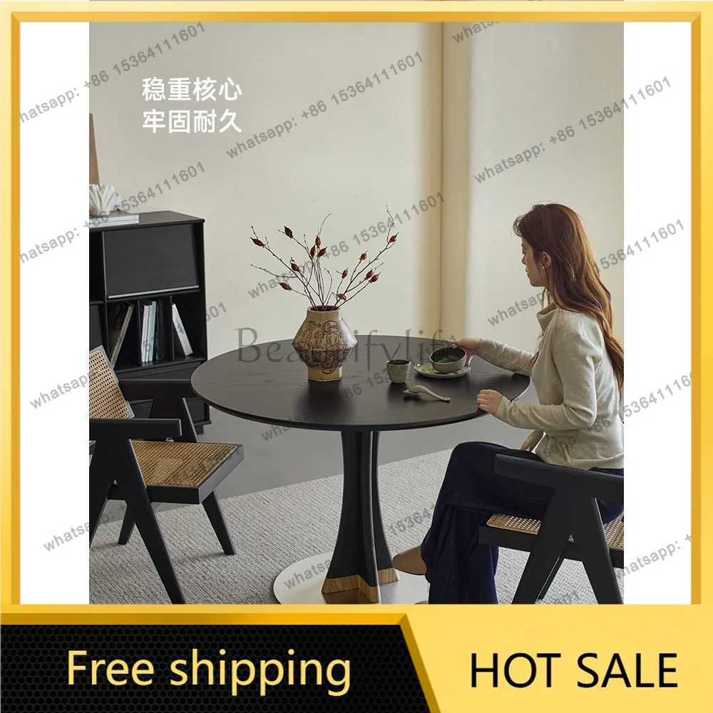 LD solid wood black retro round table household ash wood eating table