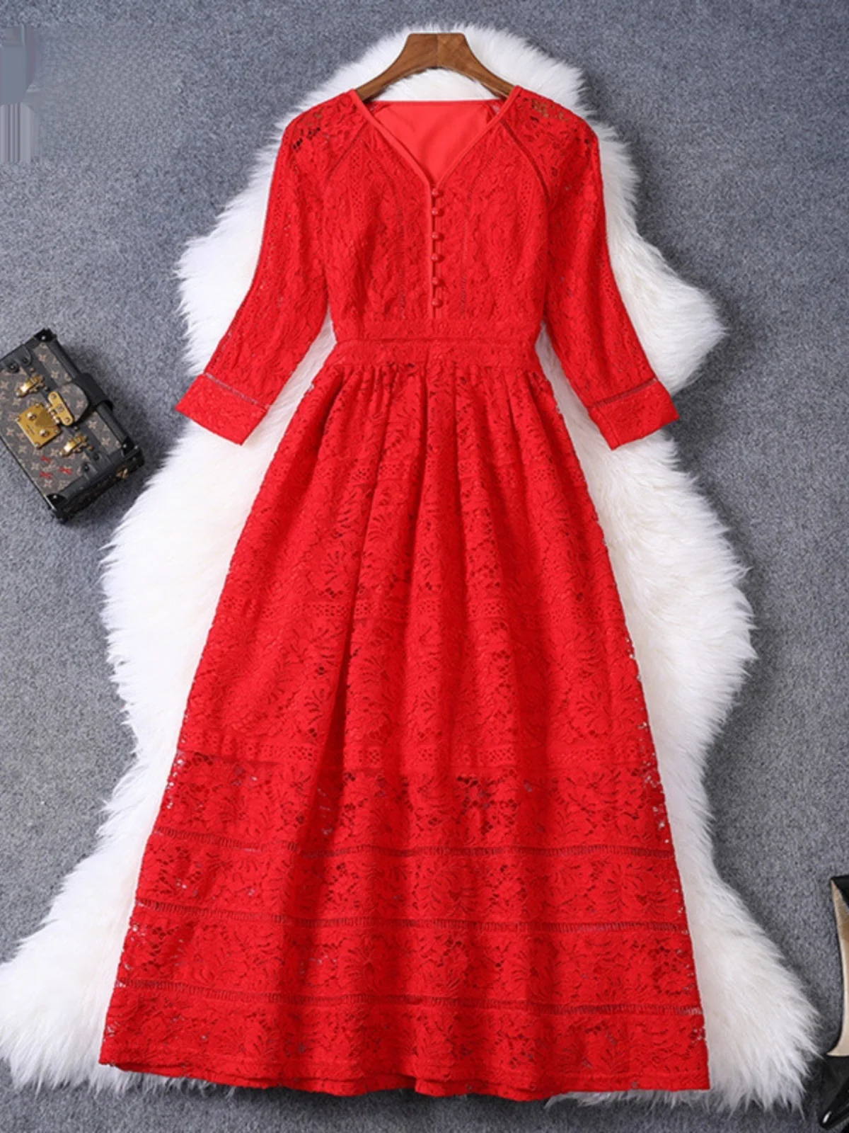 

Red Lace V-Ne Long Dr Slimming High Waist Midi Sve Faionable A-Line Skirt plus Size Spring Autumn Cotton Commute Sle