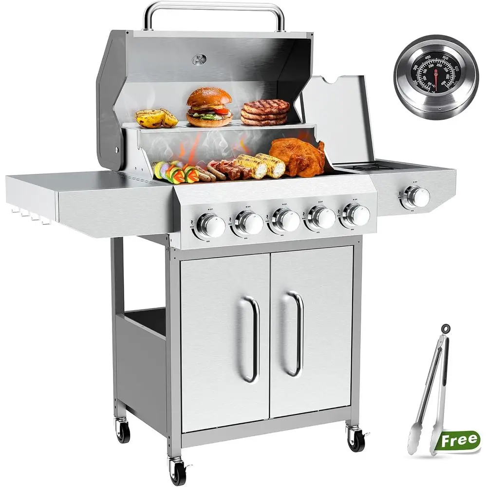 

68,000 BTU 5-Burner Stainless Steel Propane Grill with 647 sq in. Cast Iron Grates, Side Burner, and Oil-Drain Plates for Enhanc