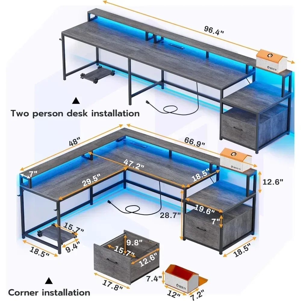 66 "a forma di L Home Office con cassetto per File e presa di corrente, scrivania da gioco con luci a LED, scrivania per Computer ad angolo con ripiano per Monitor