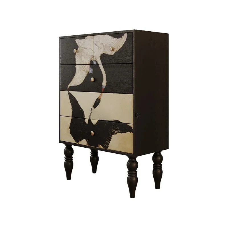 

French Retro Chest of Drawers Black and White Swan Cabinet Dining Side Solid Wood Storage Household Storage Cabinet
