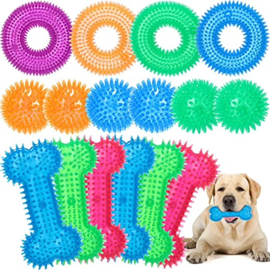 

16 Pcs Dog Squeaky Toys Bulk Set Spiky Dogs Donut Bone Teething Toys Squeaky Balls TPR Rubber Toss Fetch for Puppy Small Medium