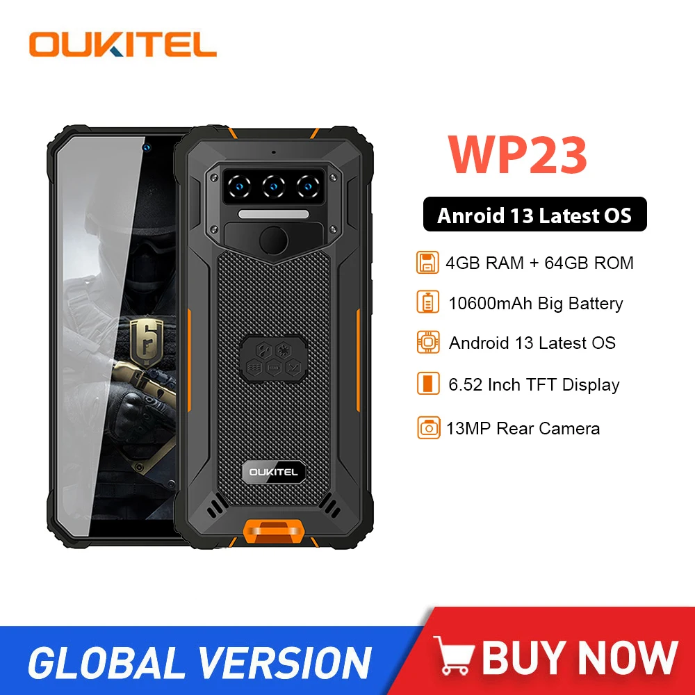 Oukitel WP23 Rugged Smartphones 6.52 Inch HD Display Octa Core 4GB+64GB 10600mAh Large Battery 13MP Camera 4G Mobile Phones NFC