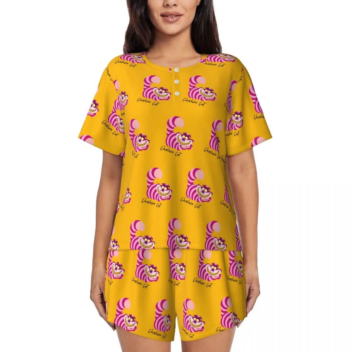 

Custom Alice In Wonderland Cheshire Cat Pajamas Set Women's 2 Piece Short Sleeve Sleepwear Loungewear PJS Shorts Sets