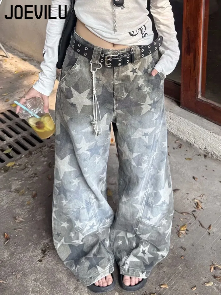 Women Vintage Washed Full Star Print Ripped Jeans Streetwear Loose Slim Wide Leg Curved Pants American Retro Denim Trousers New