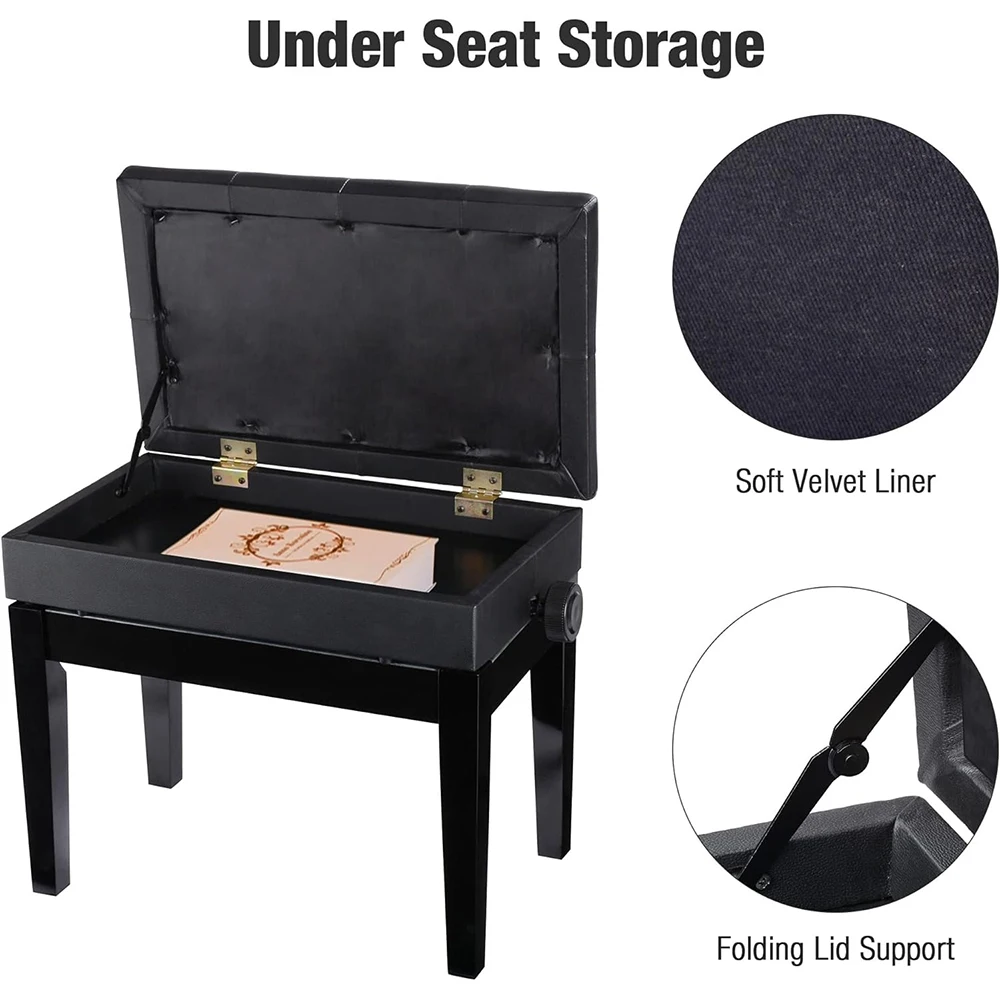 Black Adjustable Height Wooden Piano Bench PU Leather Padded Seat With Storage Box for Piano Keyboard