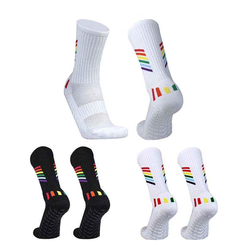 New Men Women Rainbow Line Pattern Football Socks Sports Square Silicone Non slip soccer Socks Calcetines Antiglide futbol