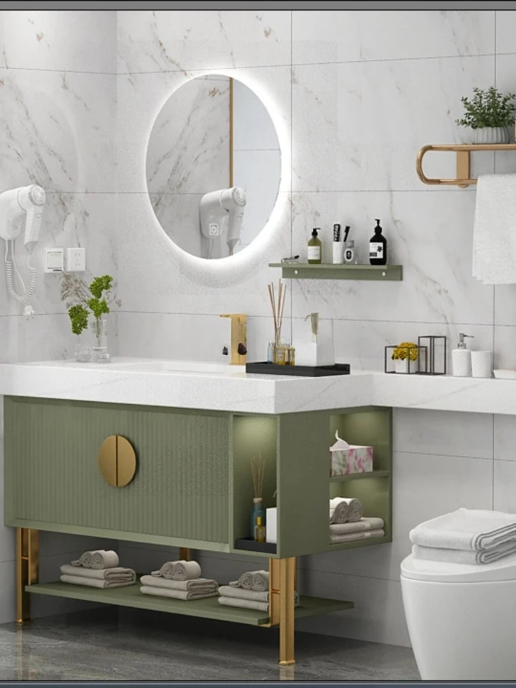 

Light Luxury Solid Wood Bathroom Cabinet Combination Nordic Toilet Washbasin Smart Mirror Toilet Extended Stone Plate Floor