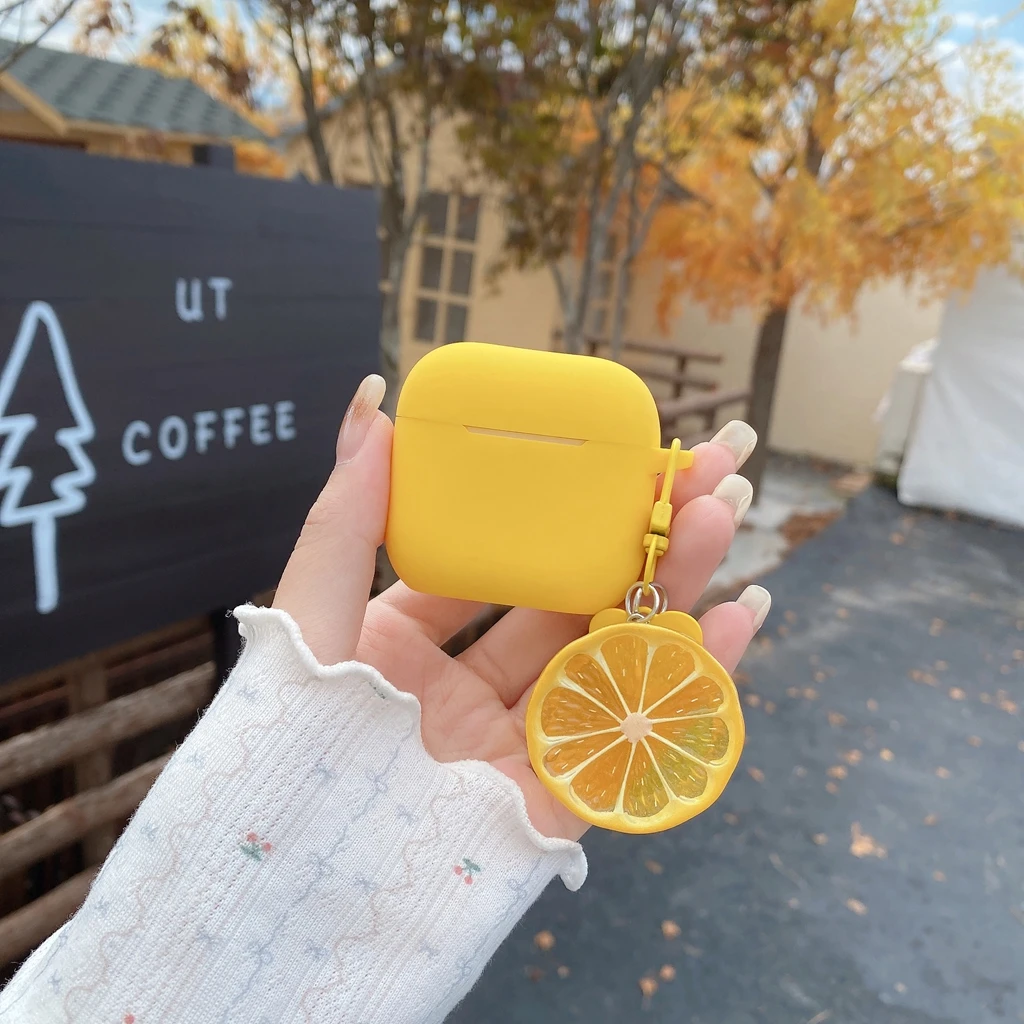 Fresh Summer Style Solid Yellow Soft Silicone With Lemon Slice Pendant Earphone Cover Case for AirPods 1 or 2 3 4 5 Pro 2 Pro 3