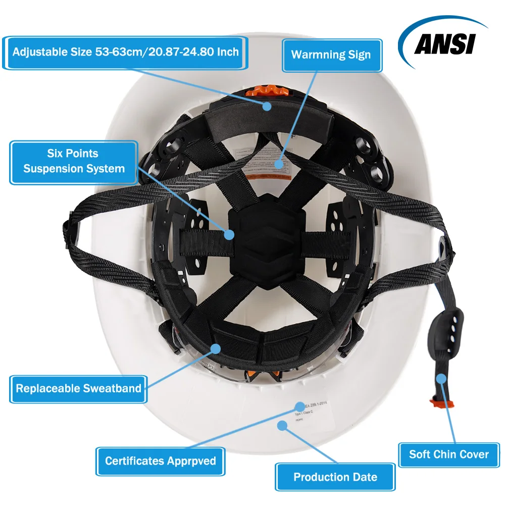 ANSI Full Brim Safety Helmet CE Built in Goggles HDPE Hard Hat Lightweight Sunshade Vented Construction Engineering Work Cap