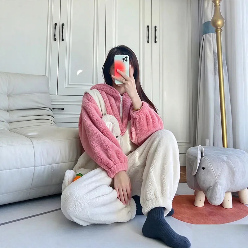 Women Cute Bunny Long Ear Hooded Conjoined Pajamas Thick Coral Fleece Cartoon Carrot Print Sleepwear Warm Loungewear Home Outfit