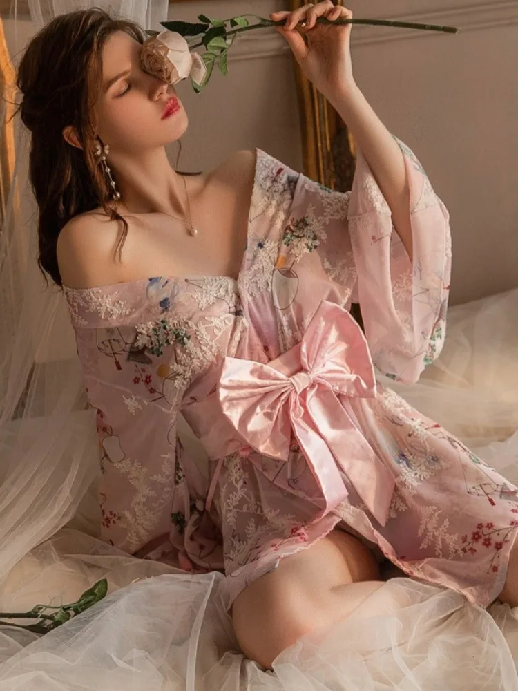 Plus Size Retro Japanese Kimono Lingerie for Women Print Mini Dress Pajamas Anime Cosplay Maid Dress Bra and Panty Set Yukata