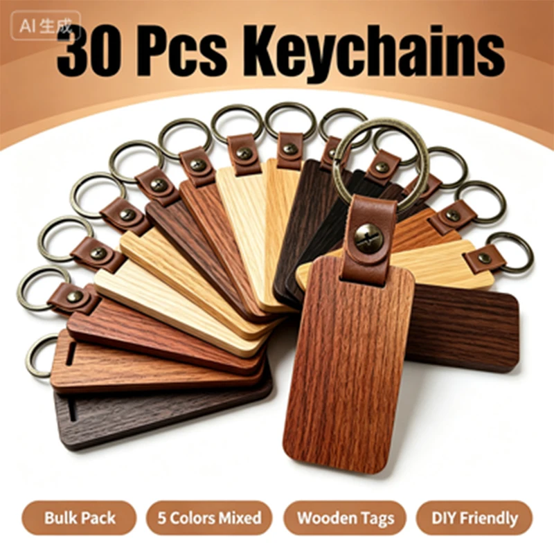 30Pcs Natural Bamboo & Hardwood Blank Keychain Set, Rectangle Wood Key Tags