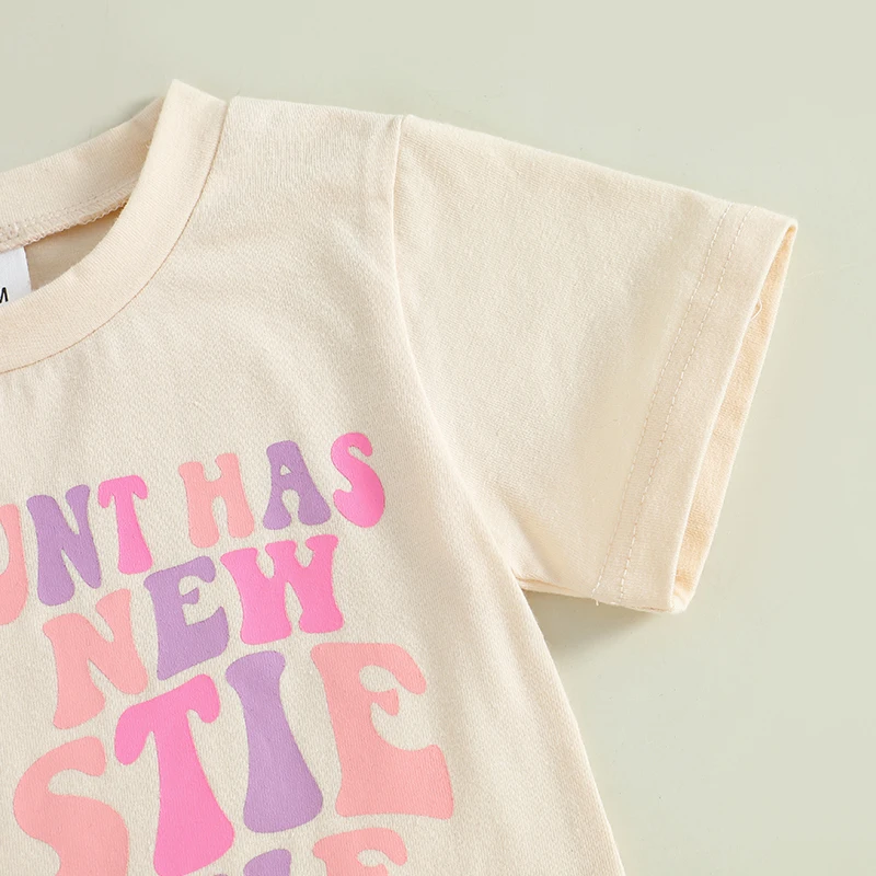 Conjunto de roupas de verão para bebês meninas com estampa de letras, camiseta de manga curta e shorts com cordão e bainha enrolada, roupas fofas de 2 peças